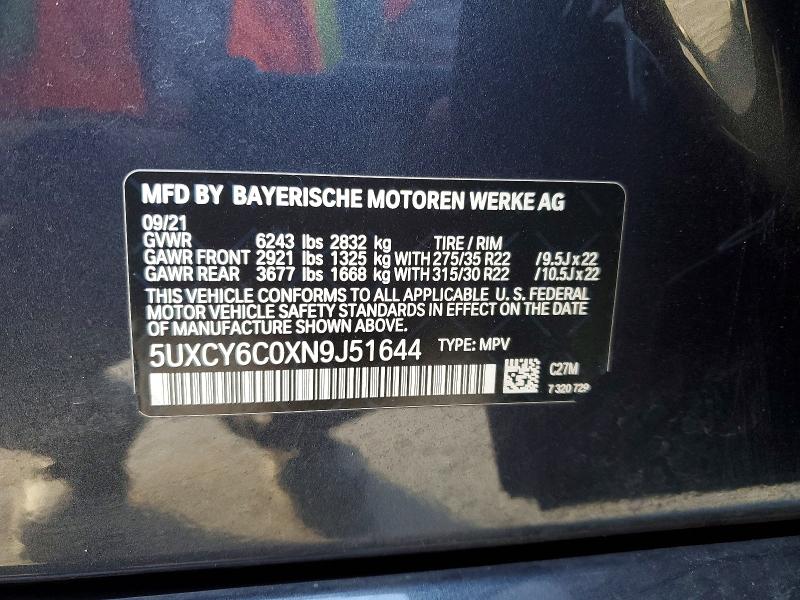 79098085 :رقم المزاد ، 5UXCY6C0XN9J51644 vin ، 2022 Bmw X6 مزاد بيع