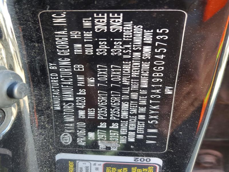 Auction sale of the 2011 Kia Sorento, vin: 5XYKT3A19BG045735, lot number: 46760346