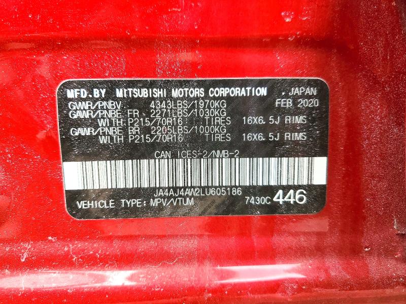 47790656 :رقم المزاد ، JA4AJ4AW2LU605186 vin ، 2020 Mitsubishi Rvr مزاد بيع