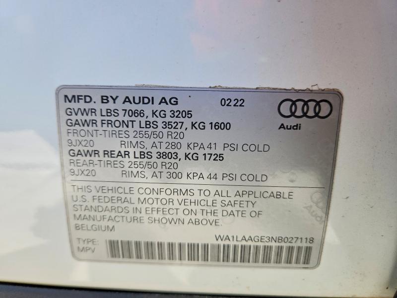Продаж на аукціоні авто 2022 Audi E-tron, vin: WA1LAAGE3NB027118, номер лоту: 46112386