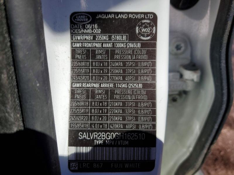 2016 Land Rover Range Rover Evoque მანქანა იყიდება აუქციონზე, vin: SALVR2BG0GH162510, აუქციონის ნომერი: 45677726
