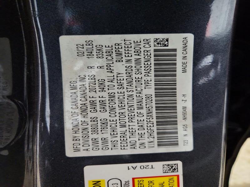 41930546 :رقم المزاد ، 2HGFE2F5XNH570280 vin ، 2022 Honda Civic مزاد بيع