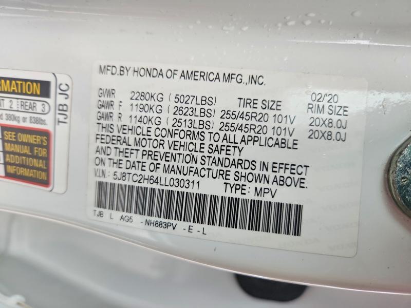 2020 Acura Rdx მანქანა იყიდება აუქციონზე, vin: 5J8TC2H64LL030311, აუქციონის ნომერი: 79830555