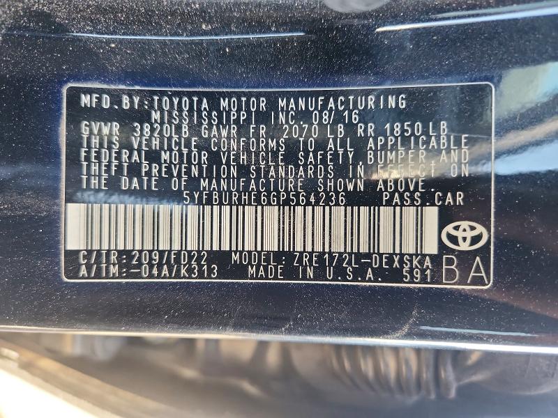 Aukcja sprzedaży 2016 Toyota Corolla, vin: 5YFBURHE6GP564236, numer aukcji: 47520476