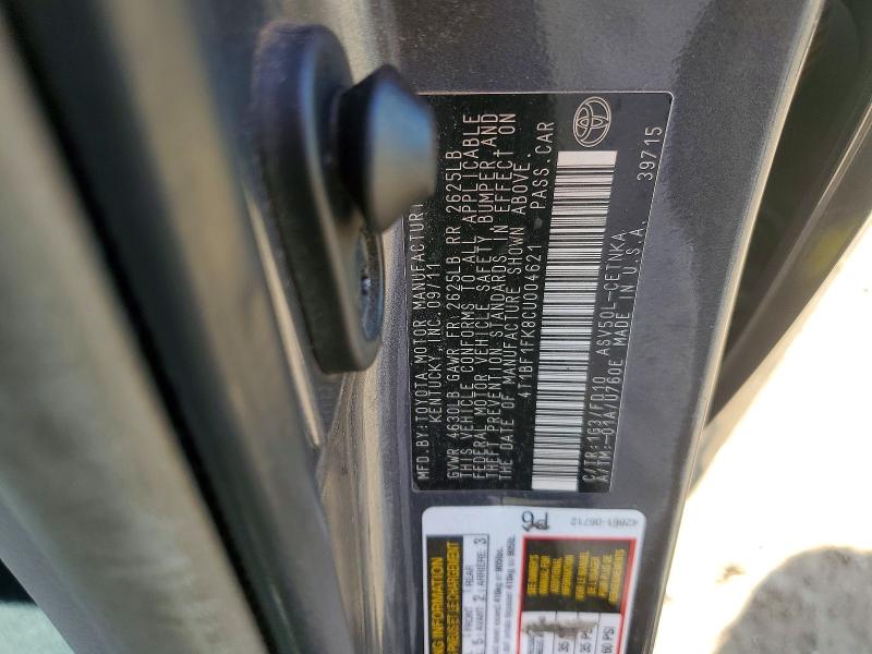 Продаж на аукціоні авто 2012 Toyota Camry, vin: 4T1BF1FK8CU004621, номер лоту: 47478106