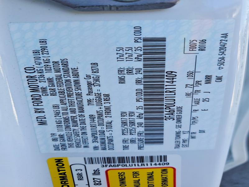 Aukcja sprzedaży 2020 Ford Fusion, vin: 3FA6P0LU1LR114409, numer aukcji: 45480676