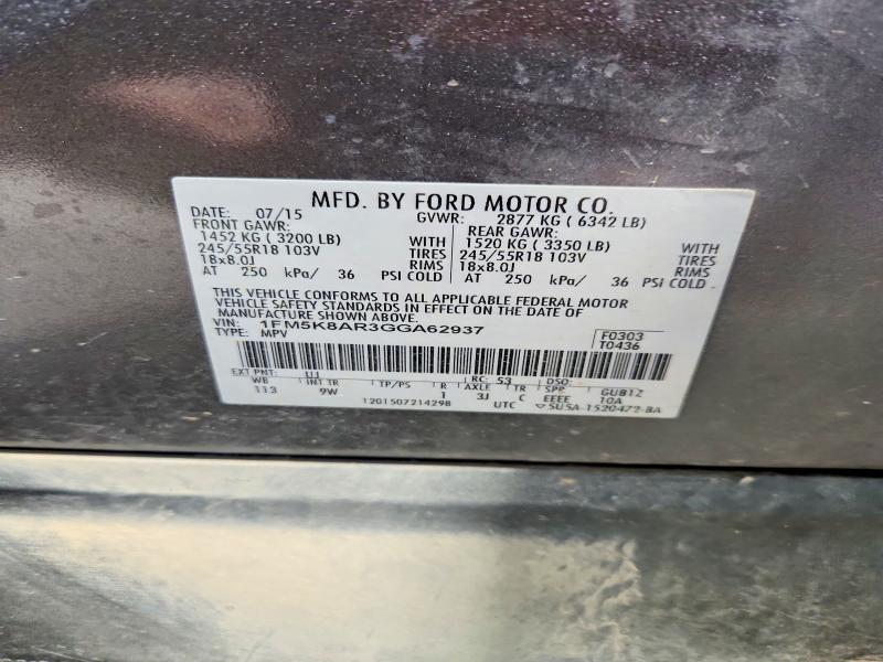 46169536 :رقم المزاد ، 1FM5K8AR3GGA62937 vin ، 2016 Ford Explorer مزاد بيع