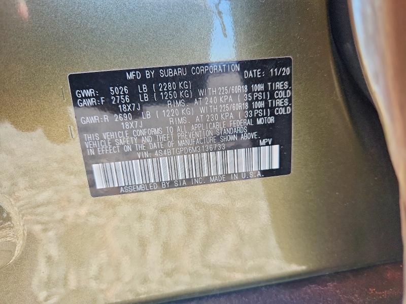 47173356 :رقم المزاد ، 4S4BTGPD6M3136733 vin ، 2021 Subaru Outback مزاد بيع