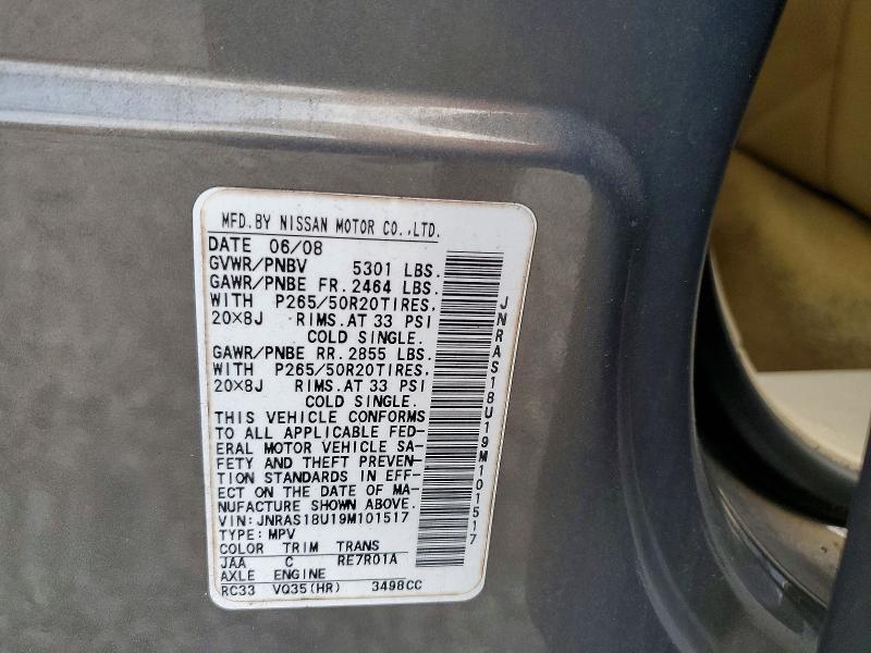47962976 :رقم المزاد ، JNRAS18U19M101517 vin ، 2009 Infiniti Fx35 مزاد بيع