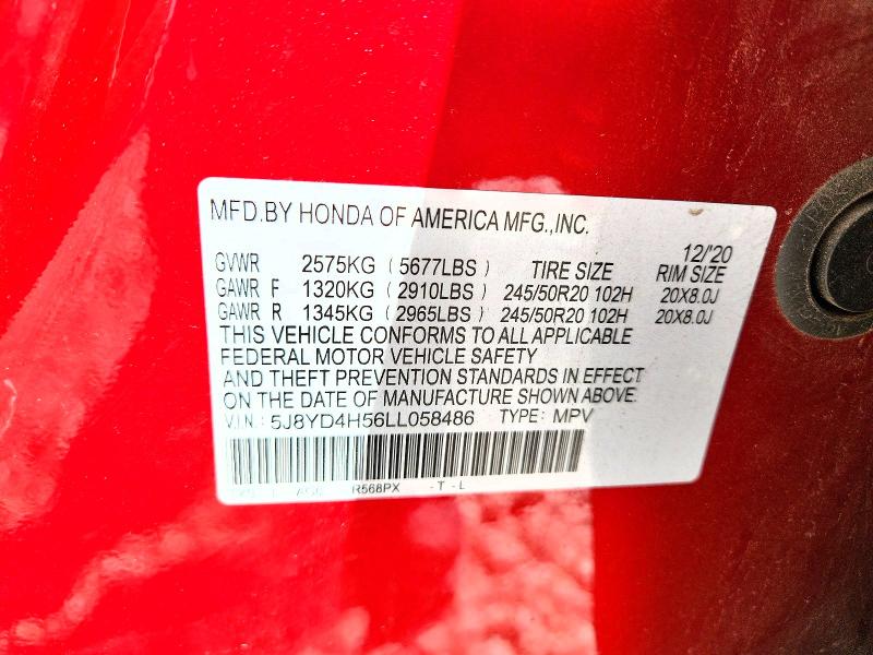 47690486 :رقم المزاد ، 5J8YD4H56LL058486 vin ، 2020 Acura Mdx مزاد بيع