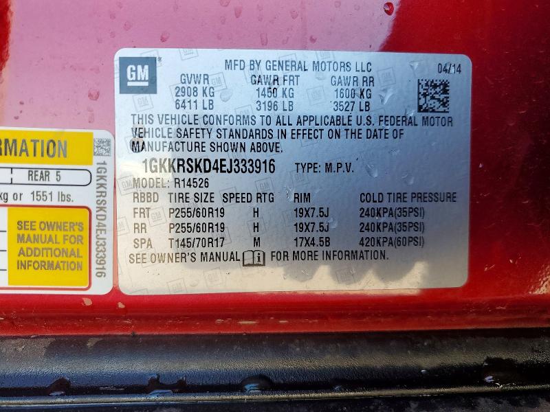 2014 Gmc Acadia მანქანა იყიდება აუქციონზე, vin: 1GKKRSKD4EJ333916, აუქციონის ნომერი: 47125646