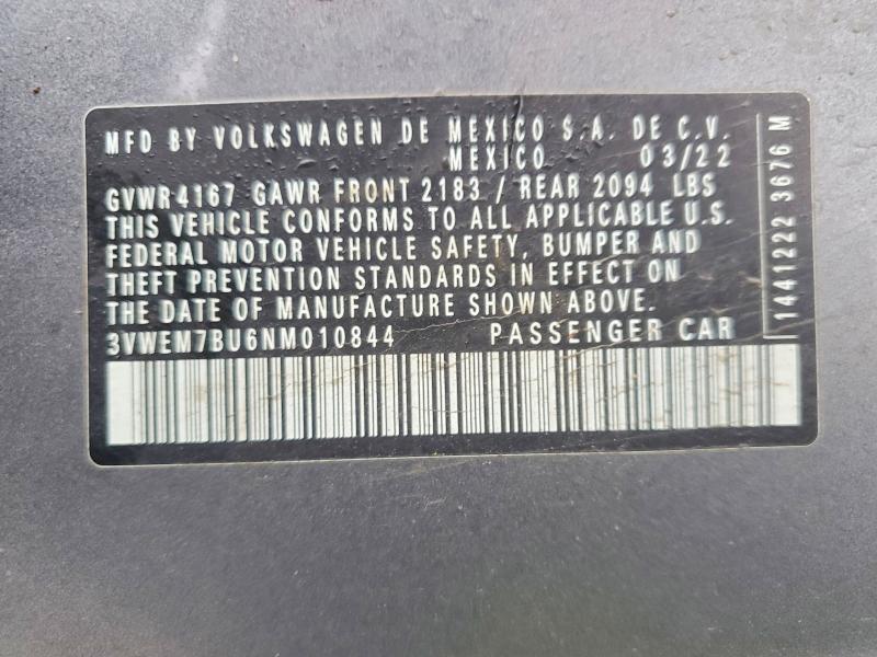 2022 Volkswagen Jetta მანქანა იყიდება აუქციონზე, vin: 3VWEM7BU6NM010844, აუქციონის ნომერი: 45670236