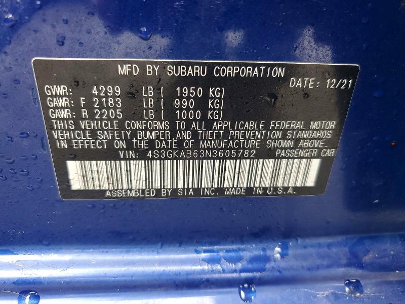 Aukcja sprzedaży 2022 Subaru Impreza, vin: 4S3GKAB63N3605782, numer aukcji: 45931656
