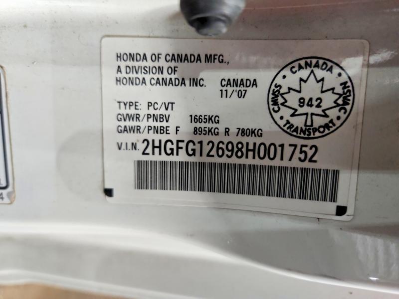 45860926 :رقم المزاد ، 2HGFG12698H001752 vin ، 2008 Honda Civic مزاد بيع