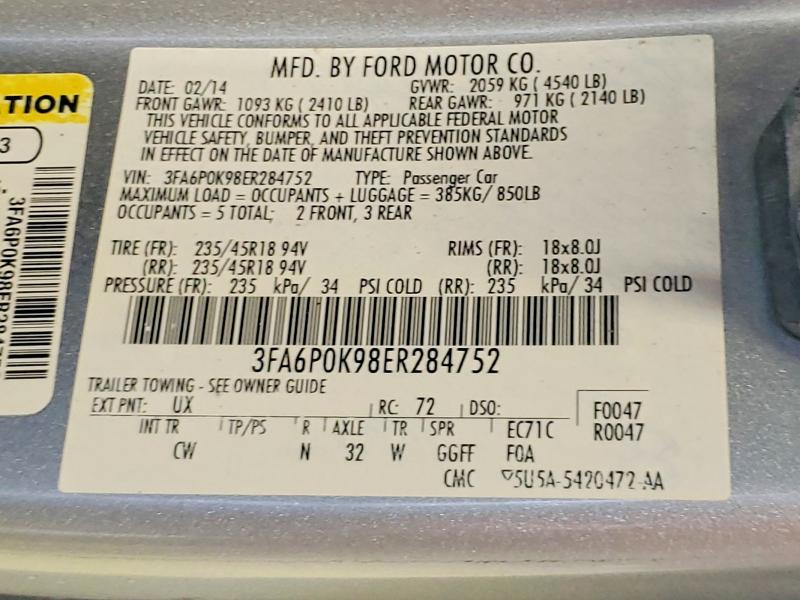 78081295 :رقم المزاد ، 3FA6P0K98ER284752 vin ، 2014 Ford Fusion مزاد بيع