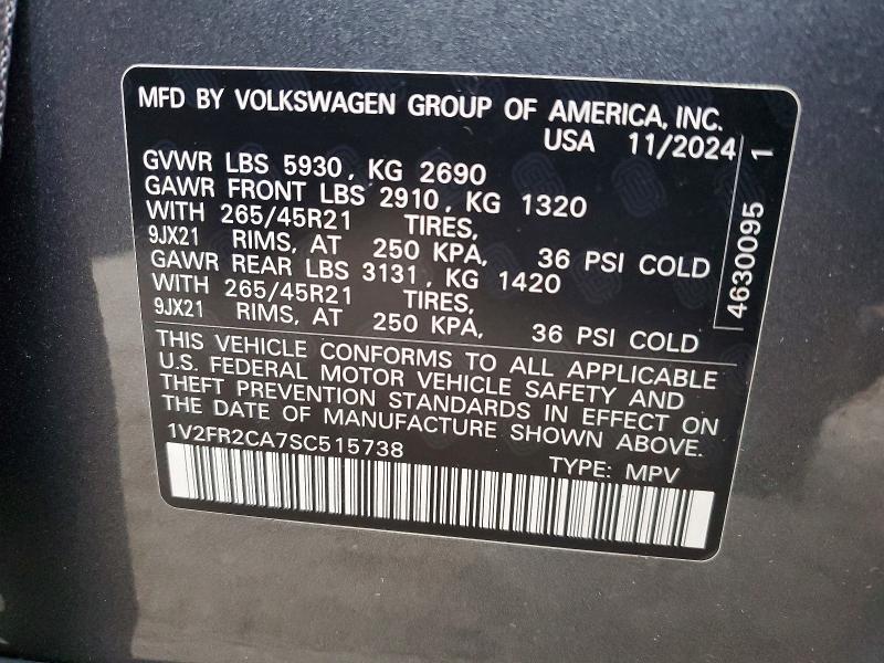 2025 Volkswagen Atlas მანქანა იყიდება აუქციონზე, vin: 1V2FR2CA7SC515738, აუქციონის ნომერი: 47887776