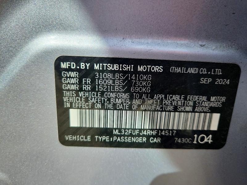 79735925 :رقم المزاد ، ML32FUFJ4RHF14517 vin ، 2024 Mitsubishi Mirage مزاد بيع
