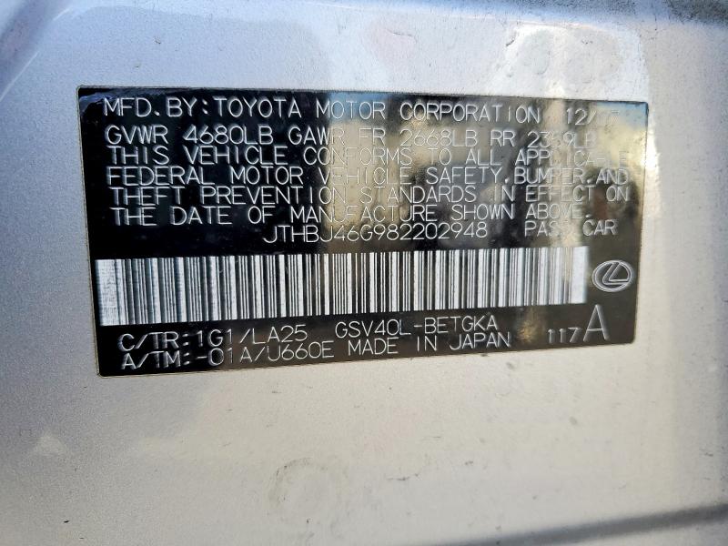2008 Lexus Es 350 მანქანა იყიდება აუქციონზე, vin: JTHBJ46G982202948, აუქციონის ნომერი: 79622885