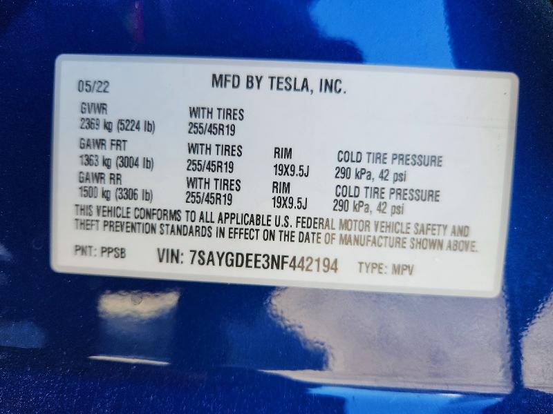 41989286 :رقم المزاد ، 7SAYGDEE3NF442194 vin ، 2022 Tesla Model Y مزاد بيع