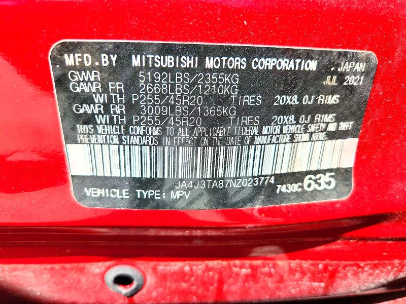 Продаж на аукціоні авто 2022 Mitsubishi Outlander, vin: JA4J3TA87NZ023774, номер лоту: 45628906