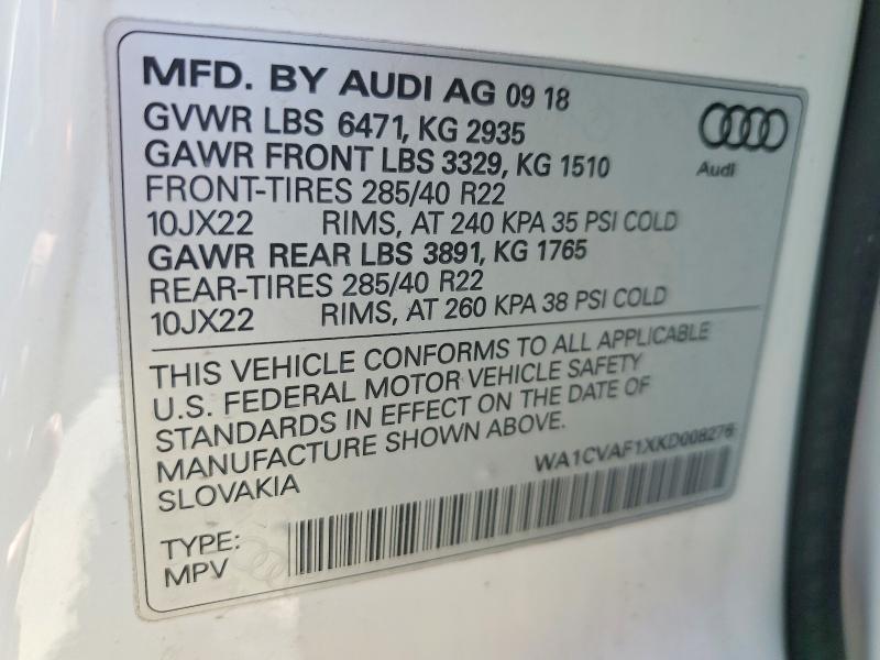 2019 Audi Q8 მანქანა იყიდება აუქციონზე, vin: WA1CVAF1XKD008276, აუქციონის ნომერი: 46441376