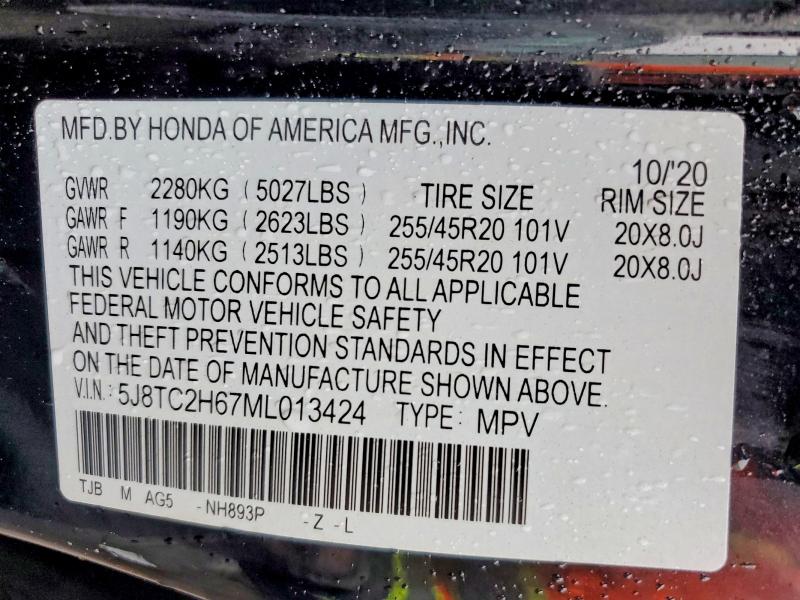 2021 Acura Rdx მანქანა იყიდება აუქციონზე, vin: 5J8TC2H67ML013424, აუქციონის ნომერი: 45626626