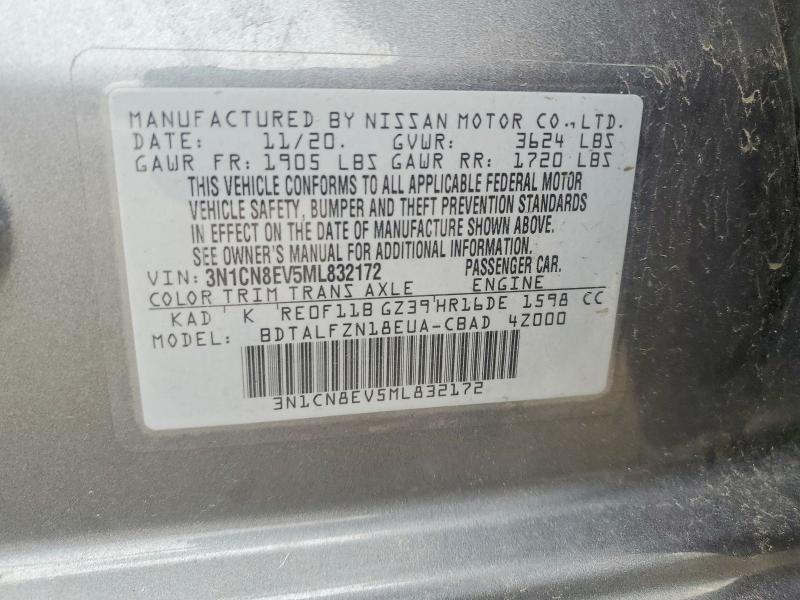 2021 Nissan Versa მანქანა იყიდება აუქციონზე, vin: 3N1CN8EV5ML832172, აუქციონის ნომერი: 41864106