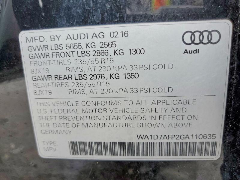2016 Audi Q5 მანქანა იყიდება აუქციონზე, vin: WA1D7AFP2GA110635, აუქციონის ნომერი: 46230366