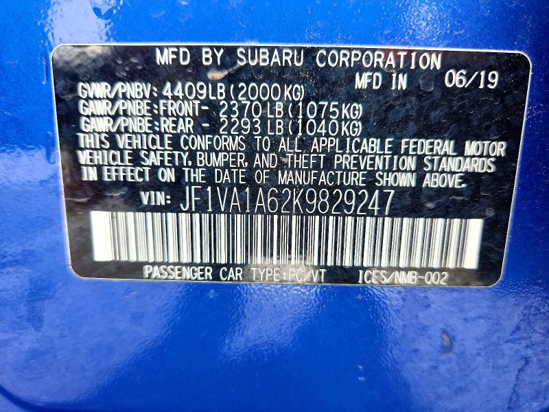 47289976 :رقم المزاد ، JF1VA1A62K9829247 vin ، 2019 Subaru Wrx مزاد بيع