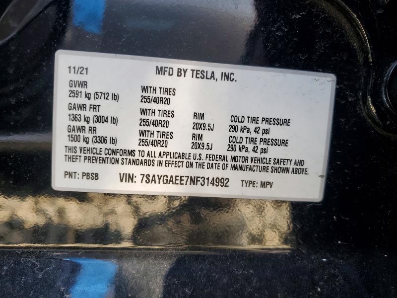2022 Tesla Model Y მანქანა იყიდება აუქციონზე, vin: 7SAYGAEE7NF314992, აუქციონის ნომერი: 47229196