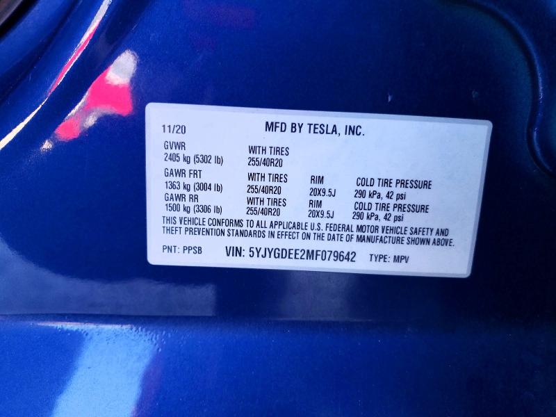 2021 Tesla Model Y მანქანა იყიდება აუქციონზე, vin: 5YJYGDEE2MF079642, აუქციონის ნომერი: 42047556