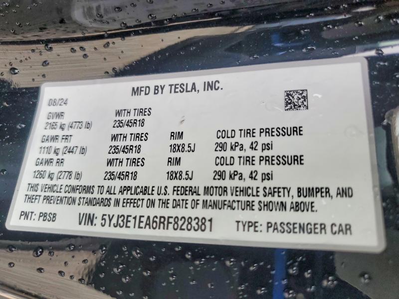 Aukcja sprzedaży 2024 Tesla Model 3, vin: 5YJ3E1EA6RF828381, numer aukcji: 45455636
