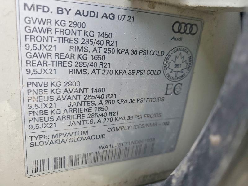 Продажа на аукционе авто 2022 Audi Q7, vin: WA1LJBF71ND001033, номер лота: 45590356