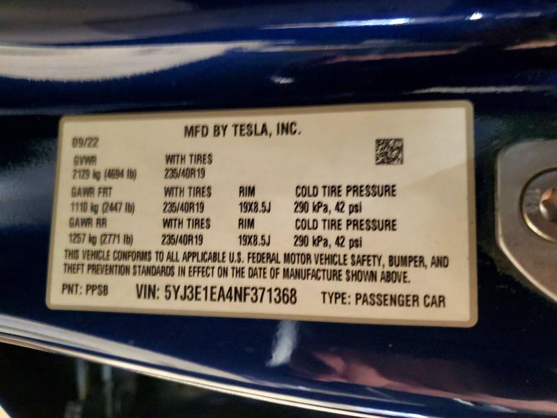 46678456 :رقم المزاد ، 5YJ3E1EA4NF371368 vin ، 2022 Tesla Model 3 مزاد بيع