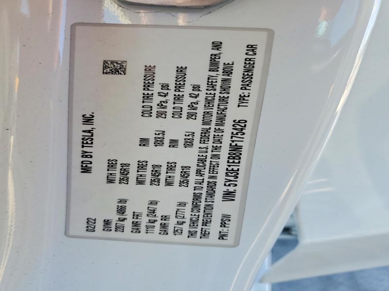 79575395 :رقم المزاد ، 5YJ3E1EB8NF175426 vin ، 2022 Tesla Model 3 مزاد بيع