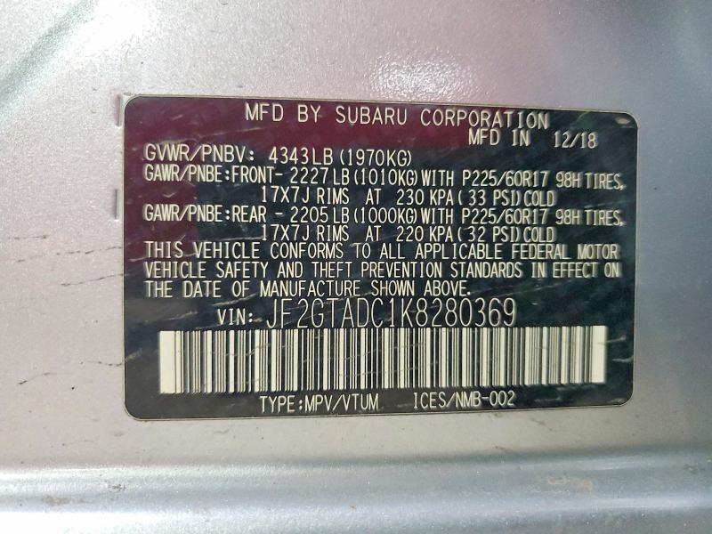 2019 Subaru Crosstrek მანქანა იყიდება აუქციონზე, vin: JF2GTADC1K8280369, აუქციონის ნომერი: 79438295