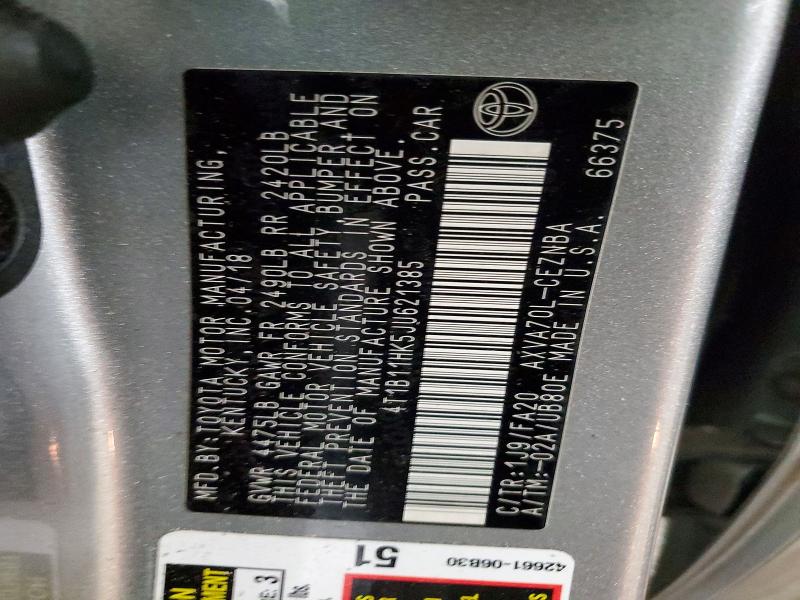 2018 Toyota Camry მანქანა იყიდება აუქციონზე, vin: 4T1B11HK5JU621385, აუქციონის ნომერი: 46488546