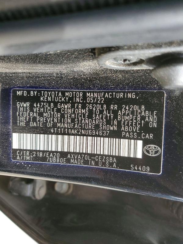 47494926 :رقم المزاد ، 4T1T11AK2NU694637 vin ، 2022 Toyota Camry مزاد بيع