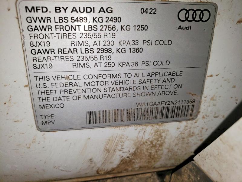 45873766 :رقم المزاد ، WA1GAAFY2N2111959 vin ، 2022 Audi Q5 مزاد بيع