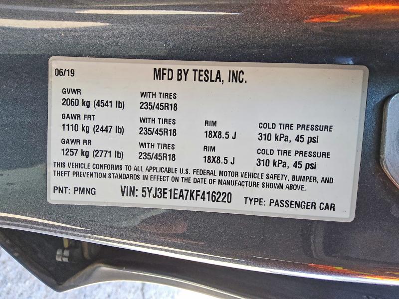 Продажа на аукционе авто 2019 Tesla Model 3, vin: 5YJ3E1EA7KF416220, номер лота: 95798285