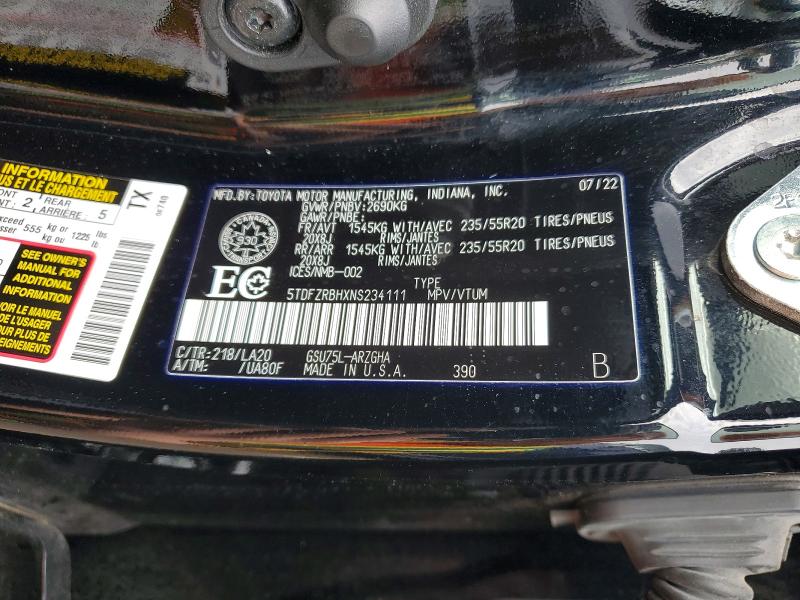 Aukcja sprzedaży 2022 Toyota Truck/van Highlander Platinum, vin: 5TDFZRBHXNS234111, numer aukcji: 47376976
