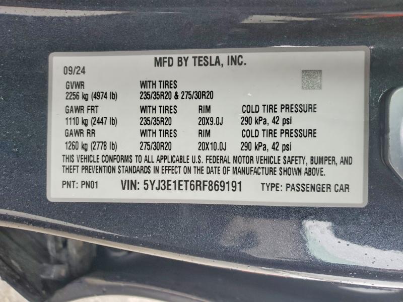 Aukcja sprzedaży 2024 Tesla Model 3, vin: 5YJ3E1ET6RF869191, numer aukcji: 41899676