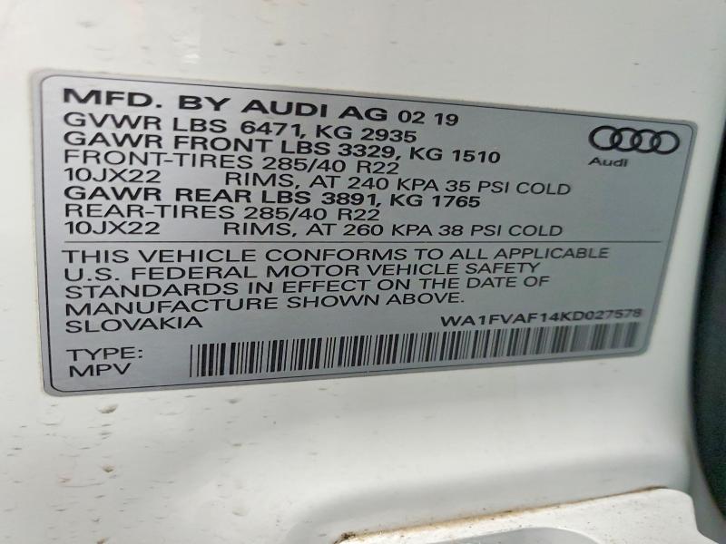 Продажа на аукционе авто 2019 Audi Q8, vin: WA1FVAF14KD027578, номер лота: 41844156