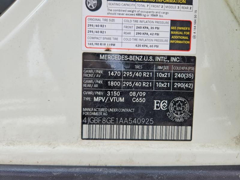 2010 Mercedes-benz Gl მანქანა იყიდება აუქციონზე, vin: 4JGBF8GE1AA540925, აუქციონის ნომერი: 47758856