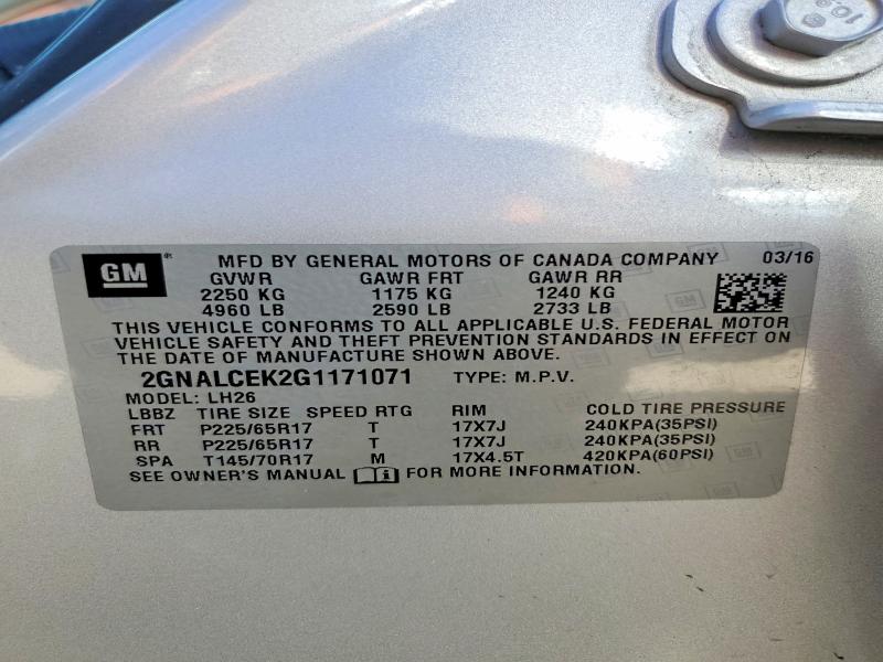 Продаж на аукціоні авто 2016 Chevrolet Equinox, vin: 2GNALCEK2G1171071, номер лоту: 46152856