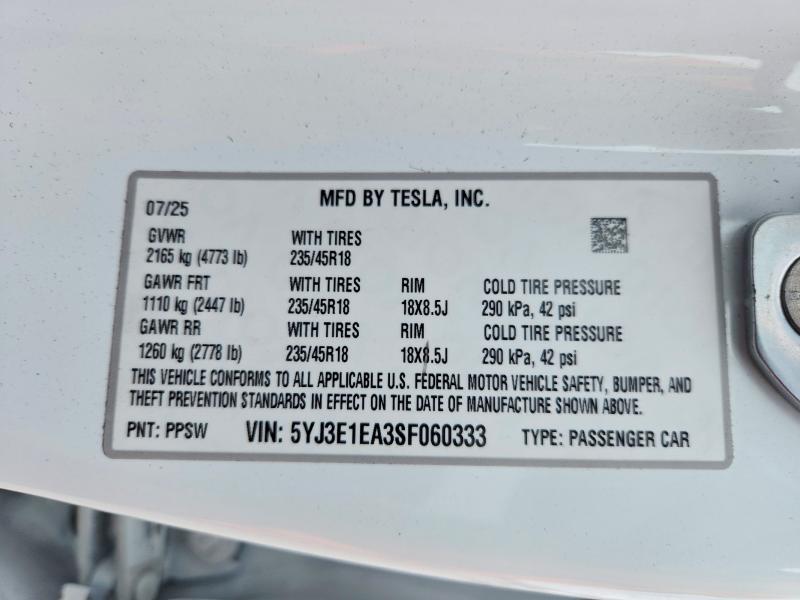 Продажа на аукционе авто 2025 Tesla Model 3, vin: 5YJ3E1EA3SF060333, номер лота: 46555596
