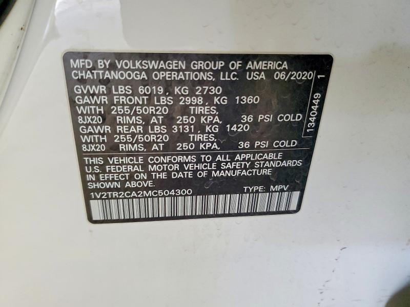 46166296 :رقم المزاد ، 1V2TR2CA2MC504300 vin ، 2021 Volkswagen Atlas مزاد بيع