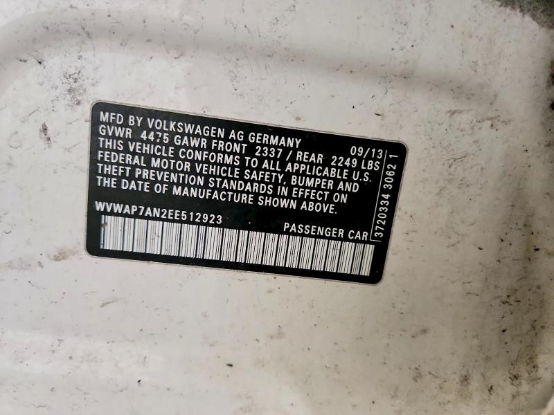 42039846 :رقم المزاد ، WVWAP7AN2EE512923 vin ، 2014 Volkswagen Cc مزاد بيع