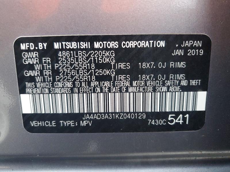 Продаж на аукціоні авто 2019 Mitsubishi Outlander, vin: JA4AD3A31KZ040129, номер лоту: 45455686