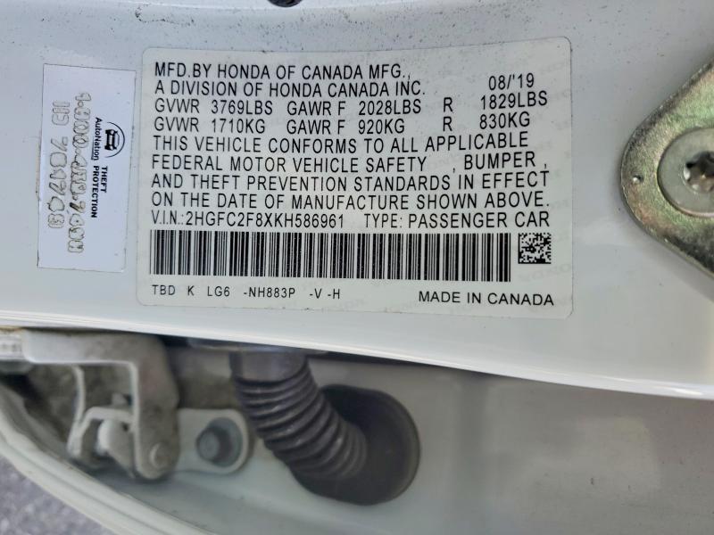 78552575 :رقم المزاد ، 2HGFC2F8XKH586961 vin ، 2019 Honda Civic مزاد بيع